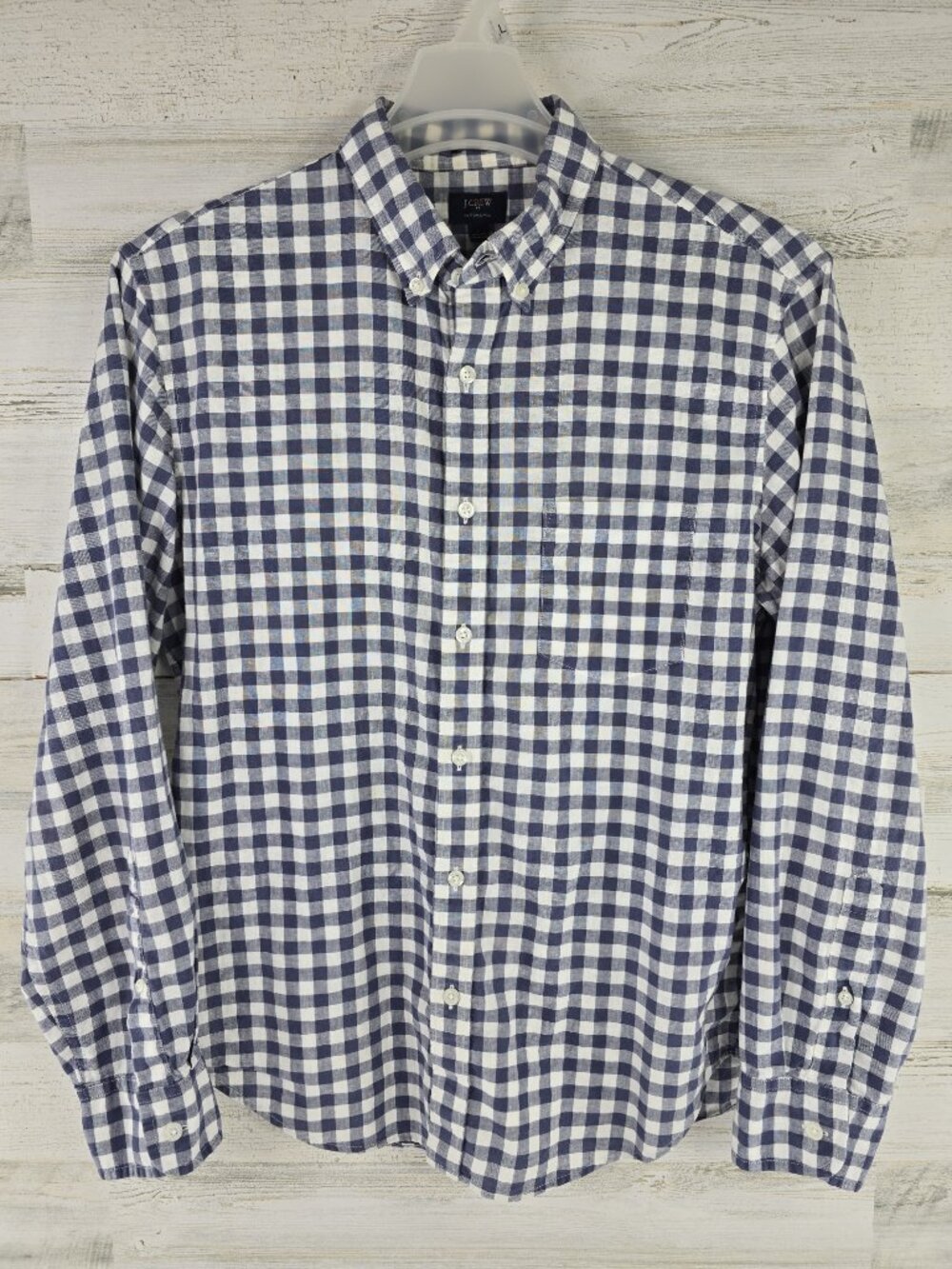 J.Crew Slim Fit SIZE L Blue White Gingham Check Button‑Down Shirt Cotton Linen..